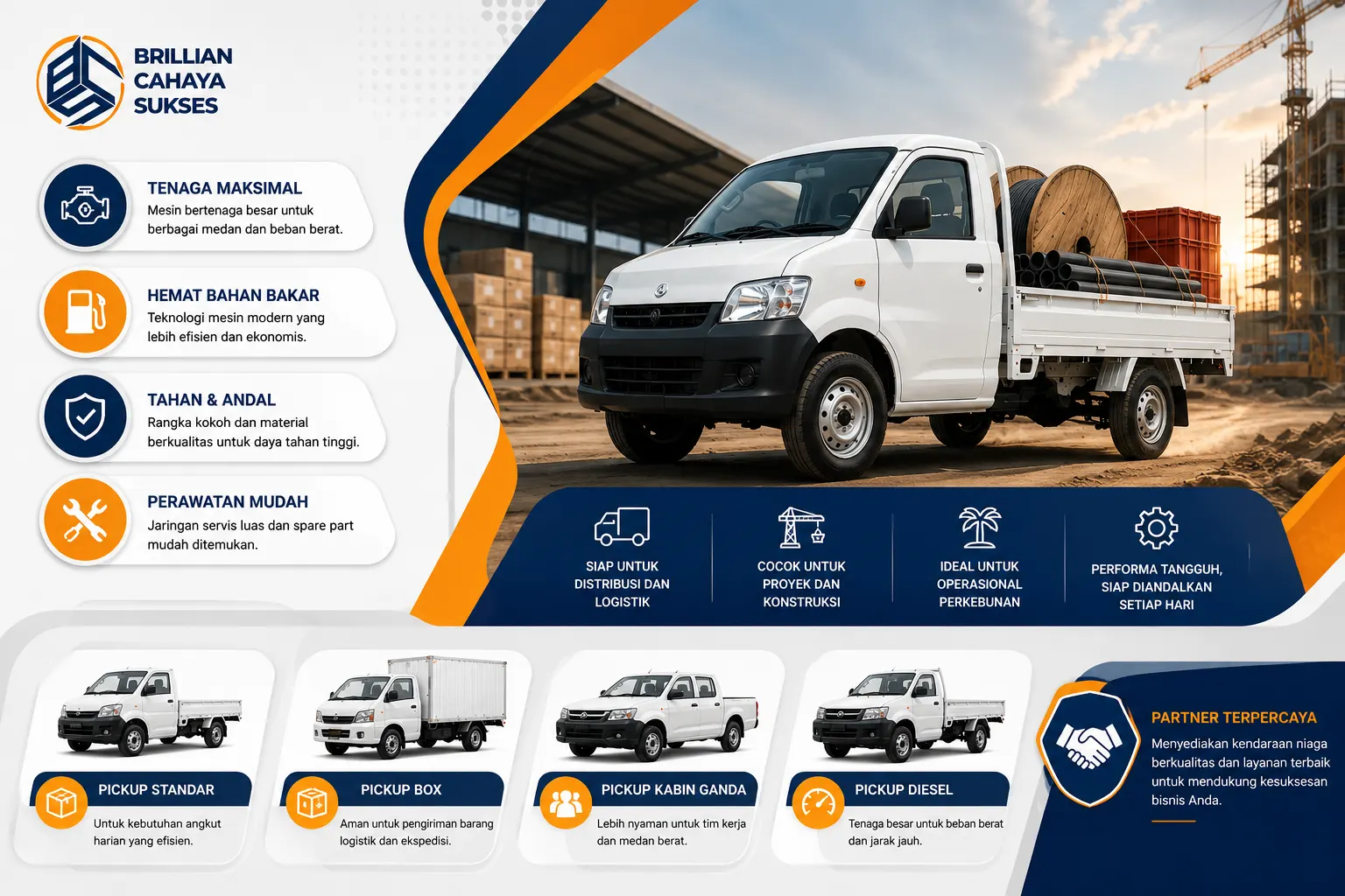 Banner mobil pickup modern untuk kebutuhan distribusi, logistik, dan operasional proyek.