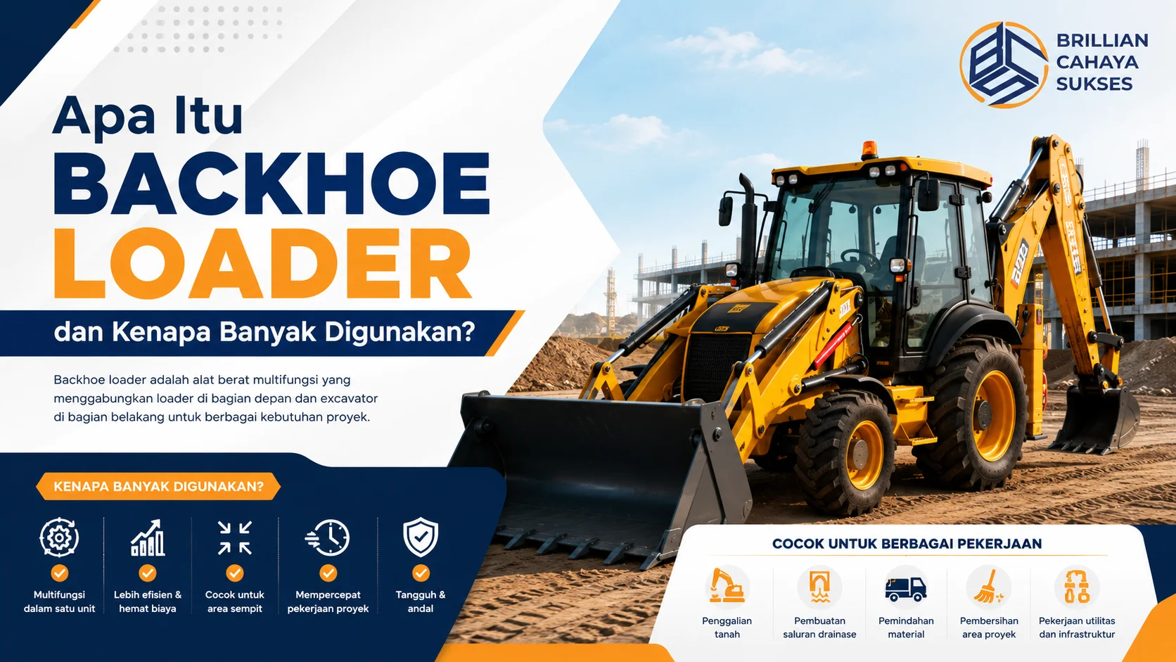 Ilustrasi backhoe loader berwarna kuning di area proyek konstruksi yang menunjukkan fungsi alat berat multifungsi untuk penggalian, pemindahan material, dan pekerjaan infrastruktur.