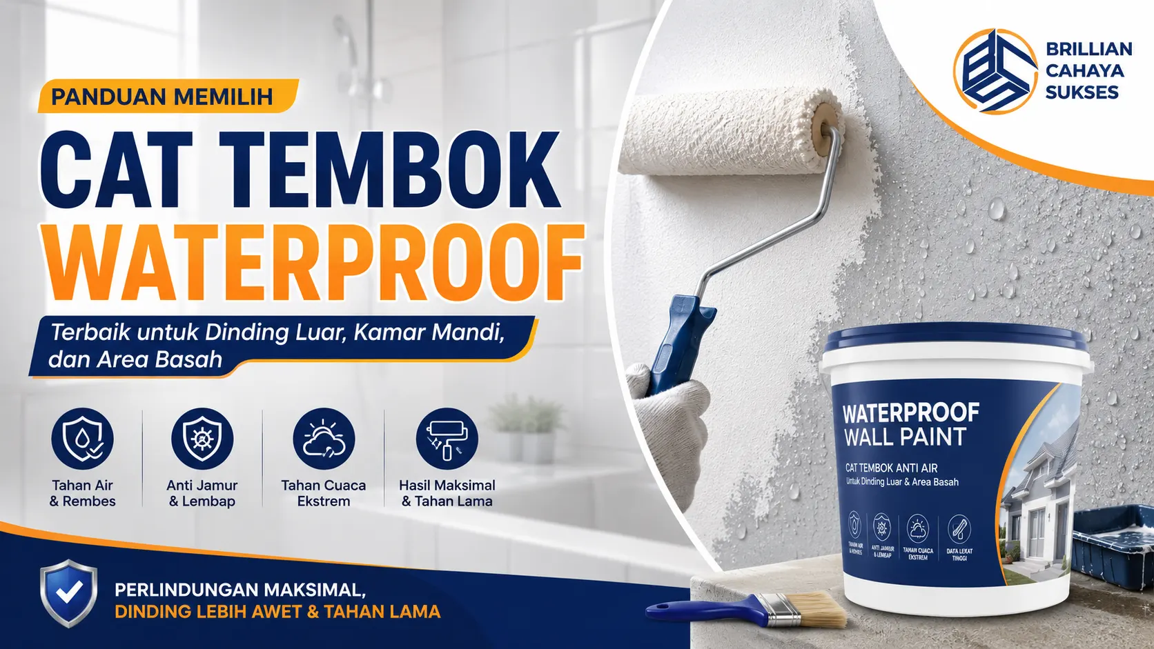 Ilustrasi gambar cat tembok waterproof terbaik untuk dinding luar, kamar mandi, dan area basah dari Brillian Cahaya Sukses