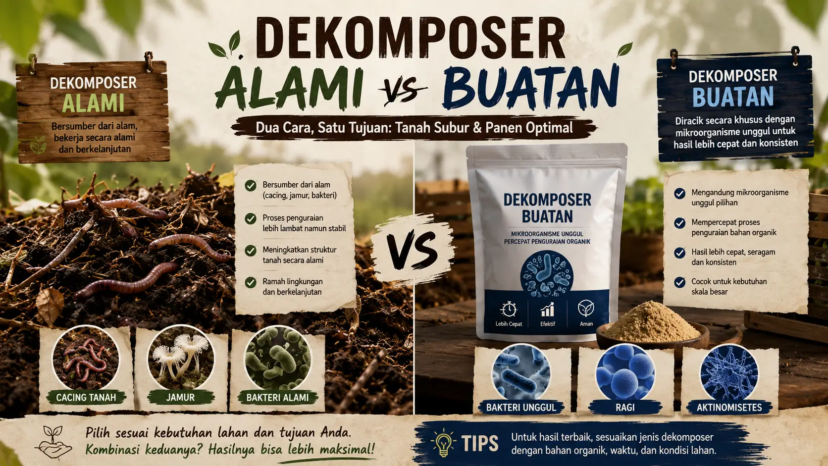 Infografis dekomposer alami vs buatan untuk pertanian modern