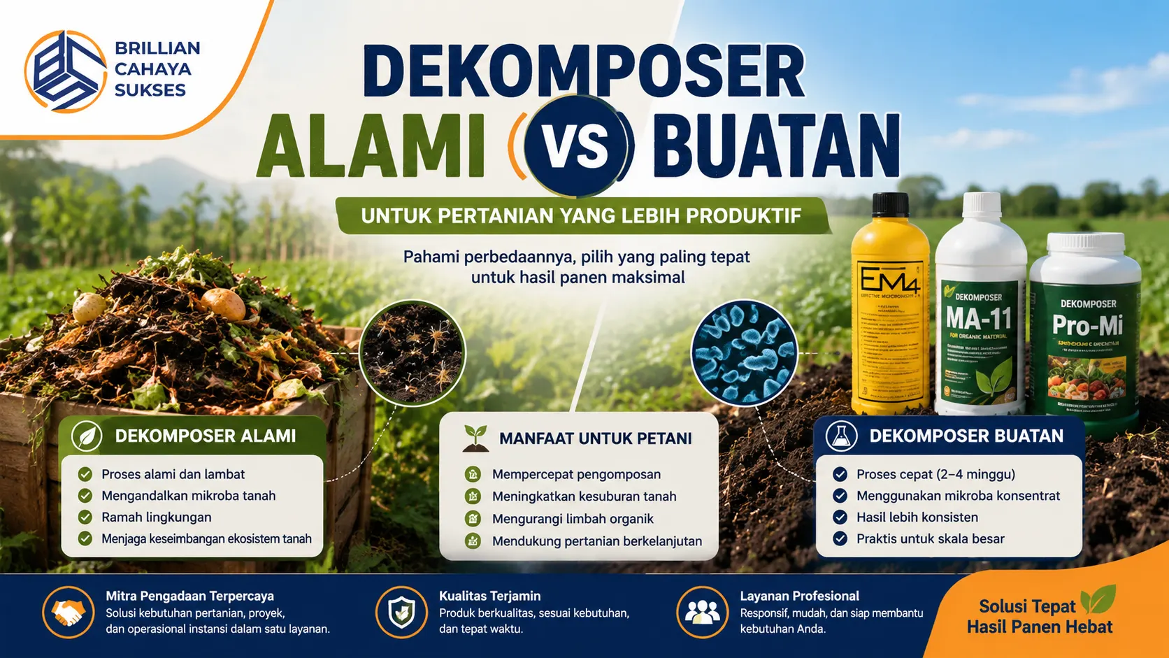 Ilustrasi dekomposer alami vs buatan untuk pertanian modern