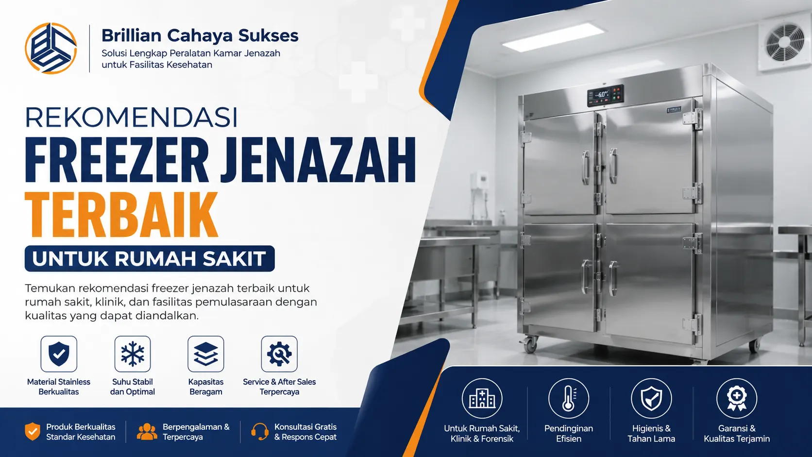 Ilustrasi gambar freezer jenazah terbaik untuk rumah sakit dari Brillian Cahaya Sukses dengan material stainless dan sistem pendingin berkualitas.