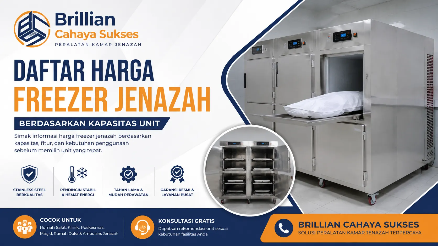 Ilustrasi gambar daftar harga freezer jenazah berdasarkan kapasitas unit dari Brillian Cahaya Sukses untuk kebutuhan peralatan kamar jenazah rumah sakit dan ruang pemulasaraan