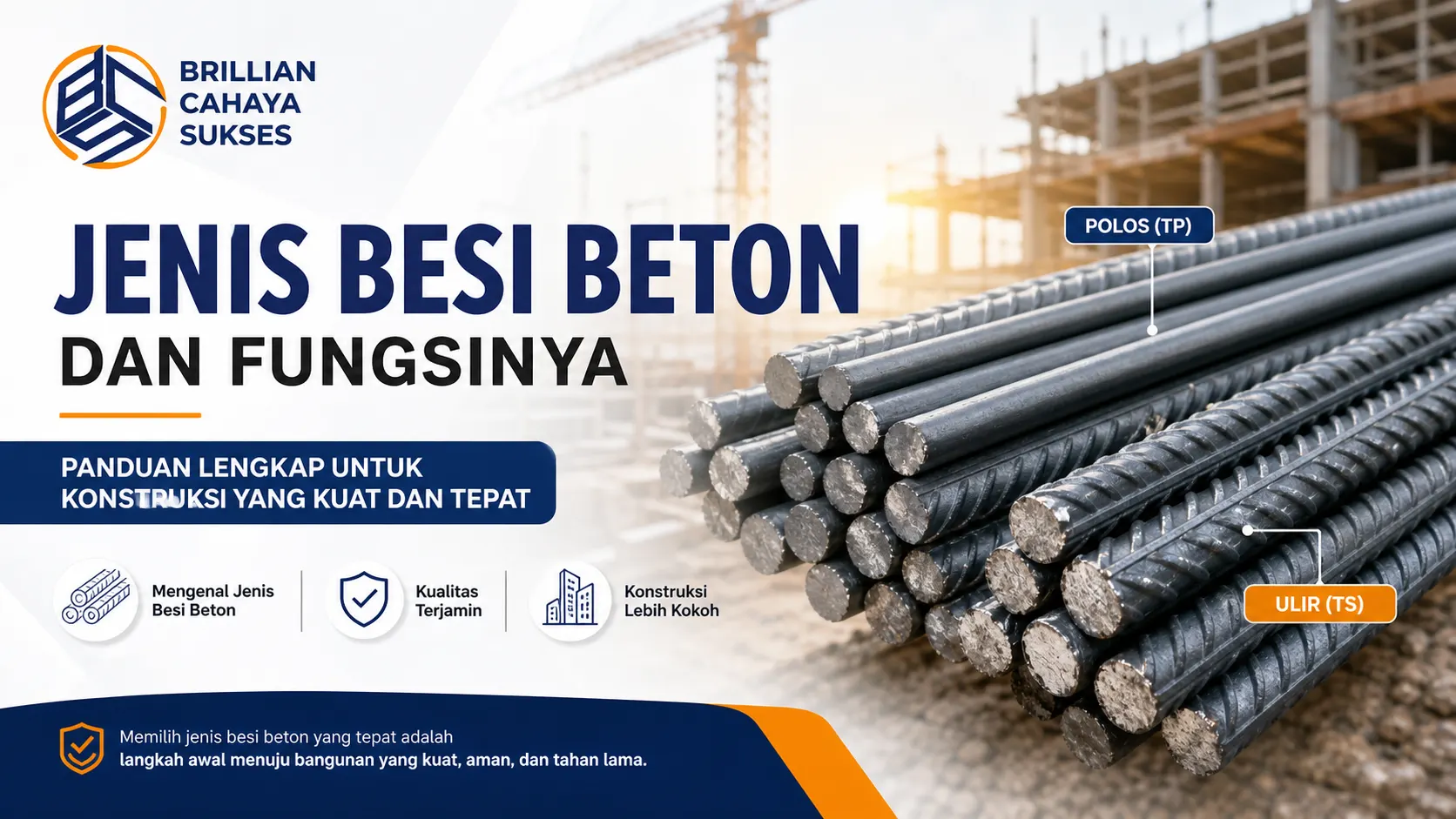 Ilustrasi jenis besi beton polos dan ulir untuk kebutuhan konstruksi oleh Brilian Cahaya Sukses