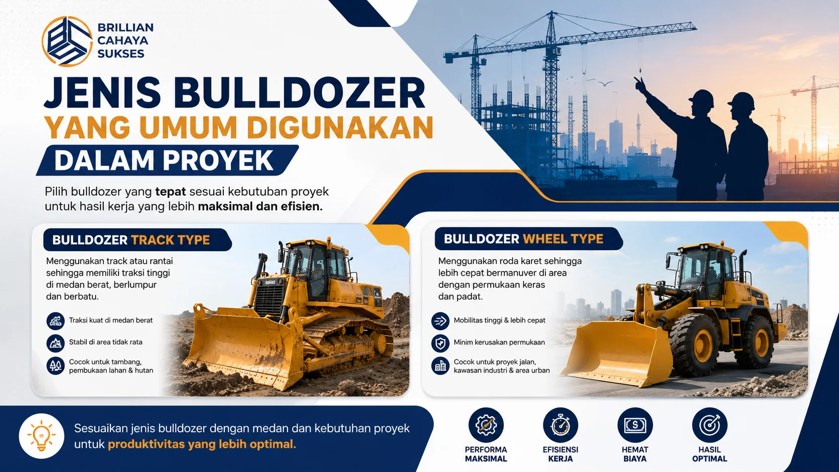 Banner jenis bulldozer untuk proyek konstruksi yang menampilkan perbedaan bulldozer track type dan wheel type beserta penggunaannya di area proyek.