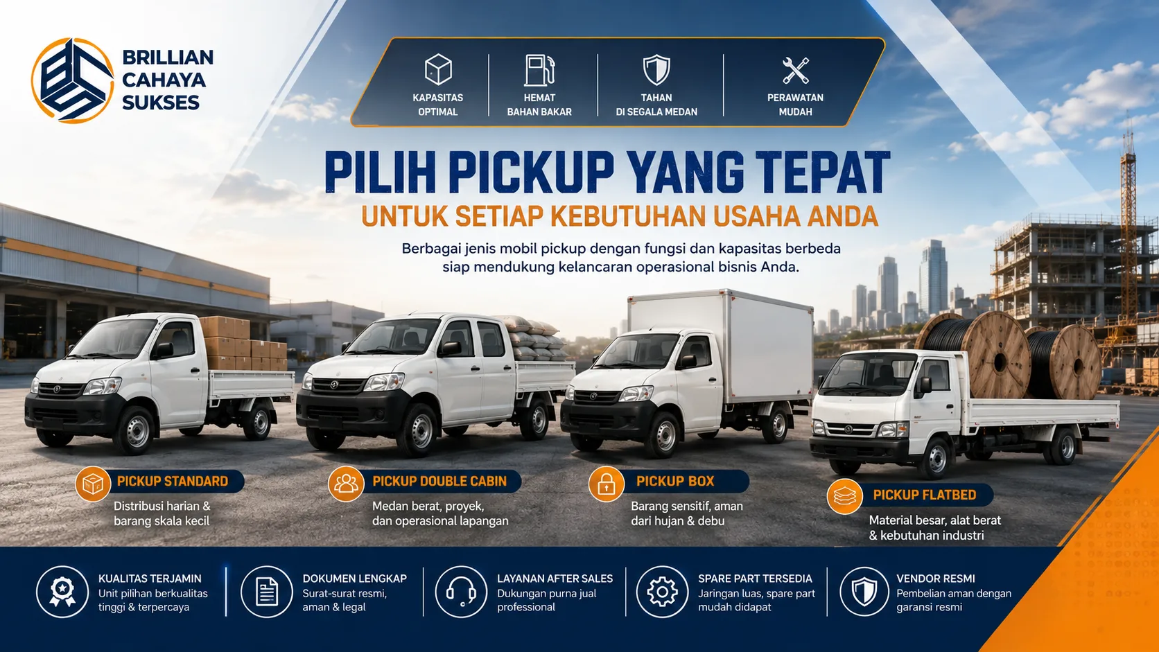 Banner mobil pickup modern untuk distribusi, logistik, proyek, dan kebutuhan operasional bisnis.