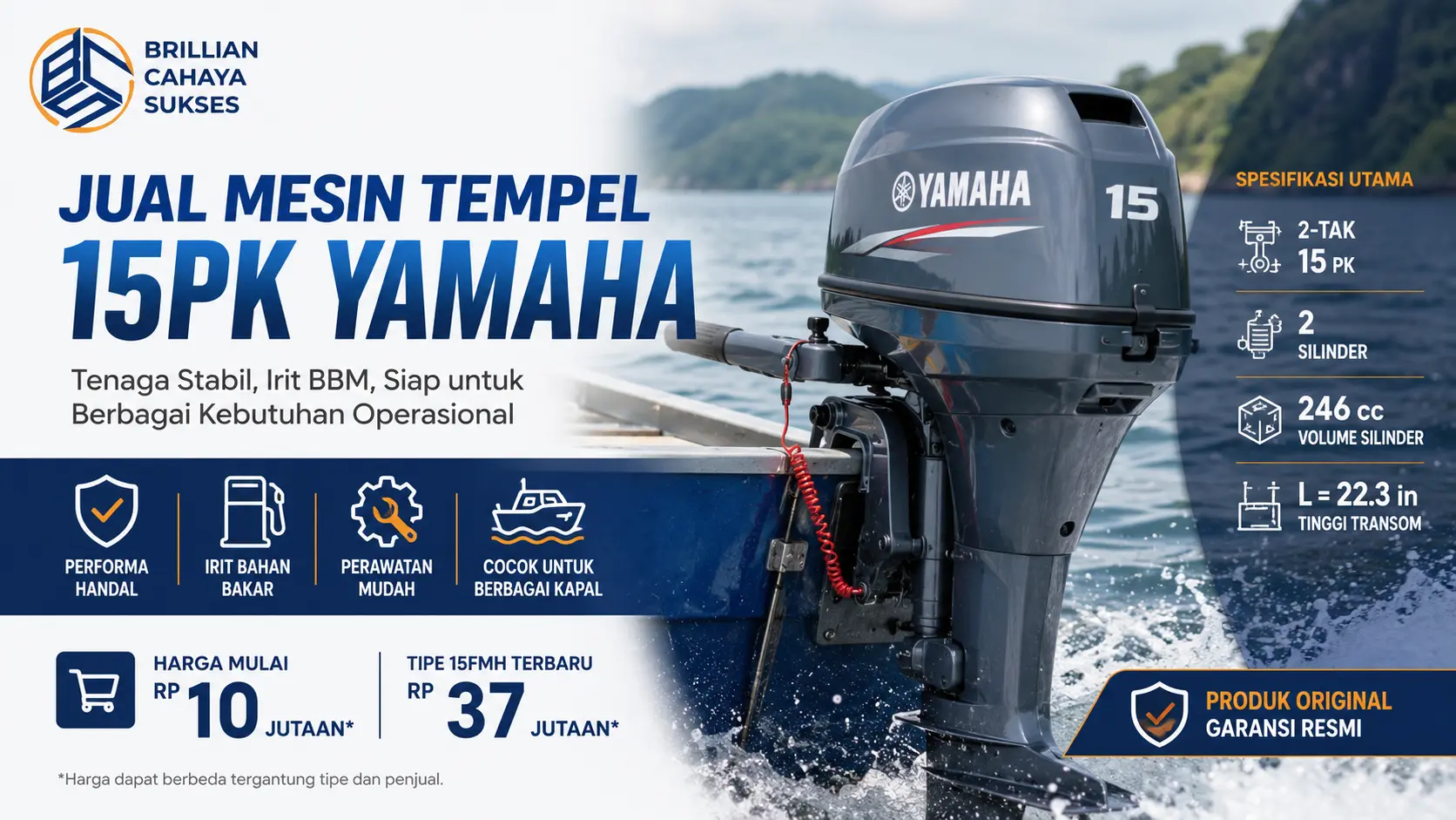 Jual mesin tempel 15PK Yamaha untuk kapal operasional