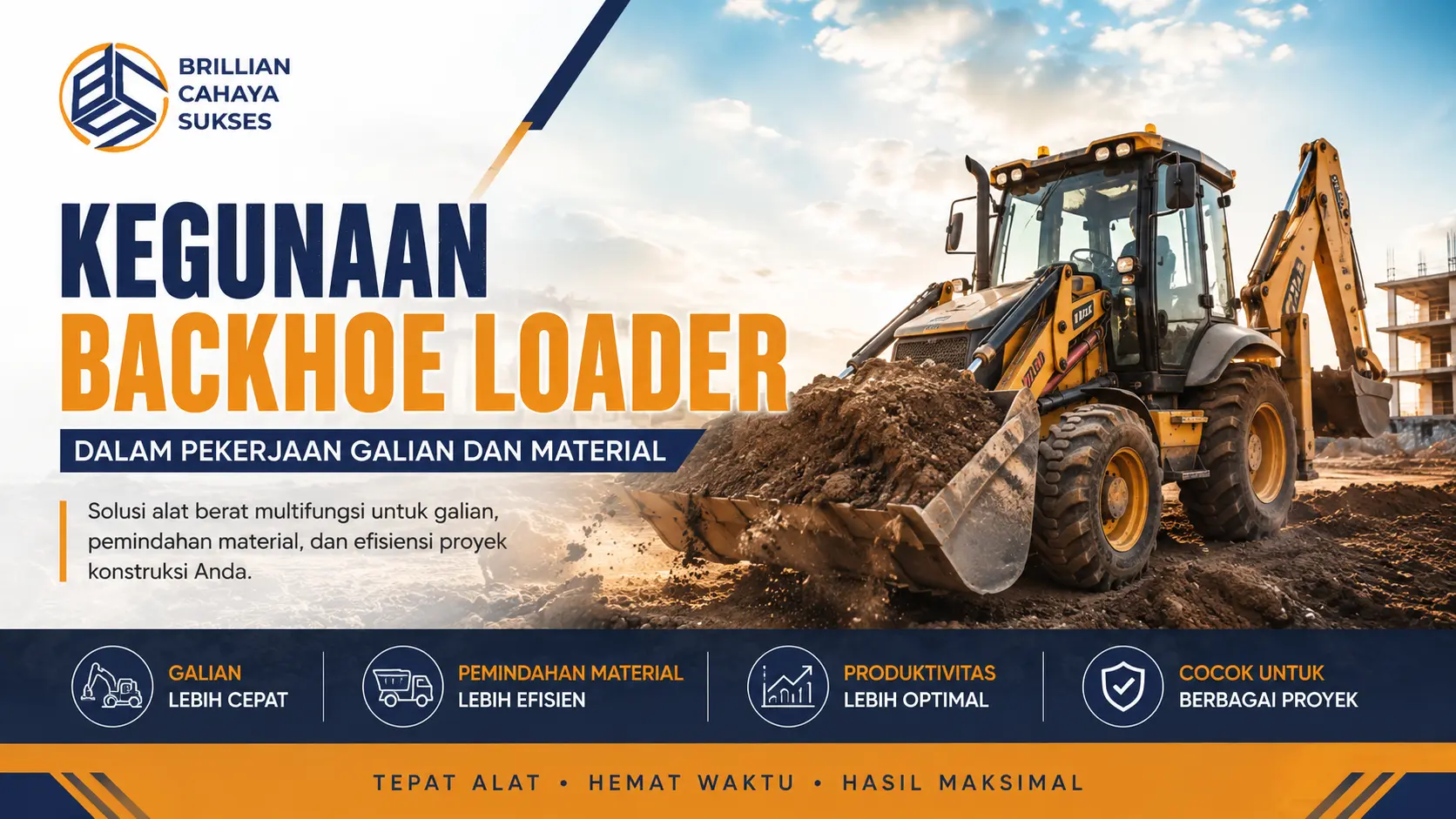 “Feature image kegunaan backhoe loader dalam pekerjaan galian dan material untuk proyek konstruksi”