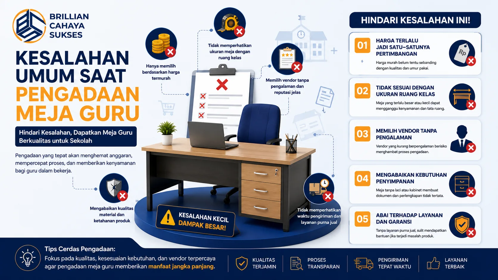 Banner edukatif tentang kesalahan umum saat pengadaan meja guru dengan ilustrasi meja kerja sekolah, ikon peringatan, dan poin penting pengadaan furniture sekolah.