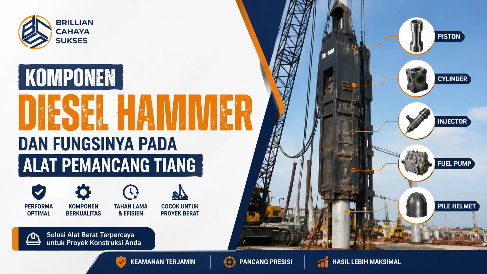 Komponen Diesel Hammer pada alat pemancang tiang proyek konstruksi