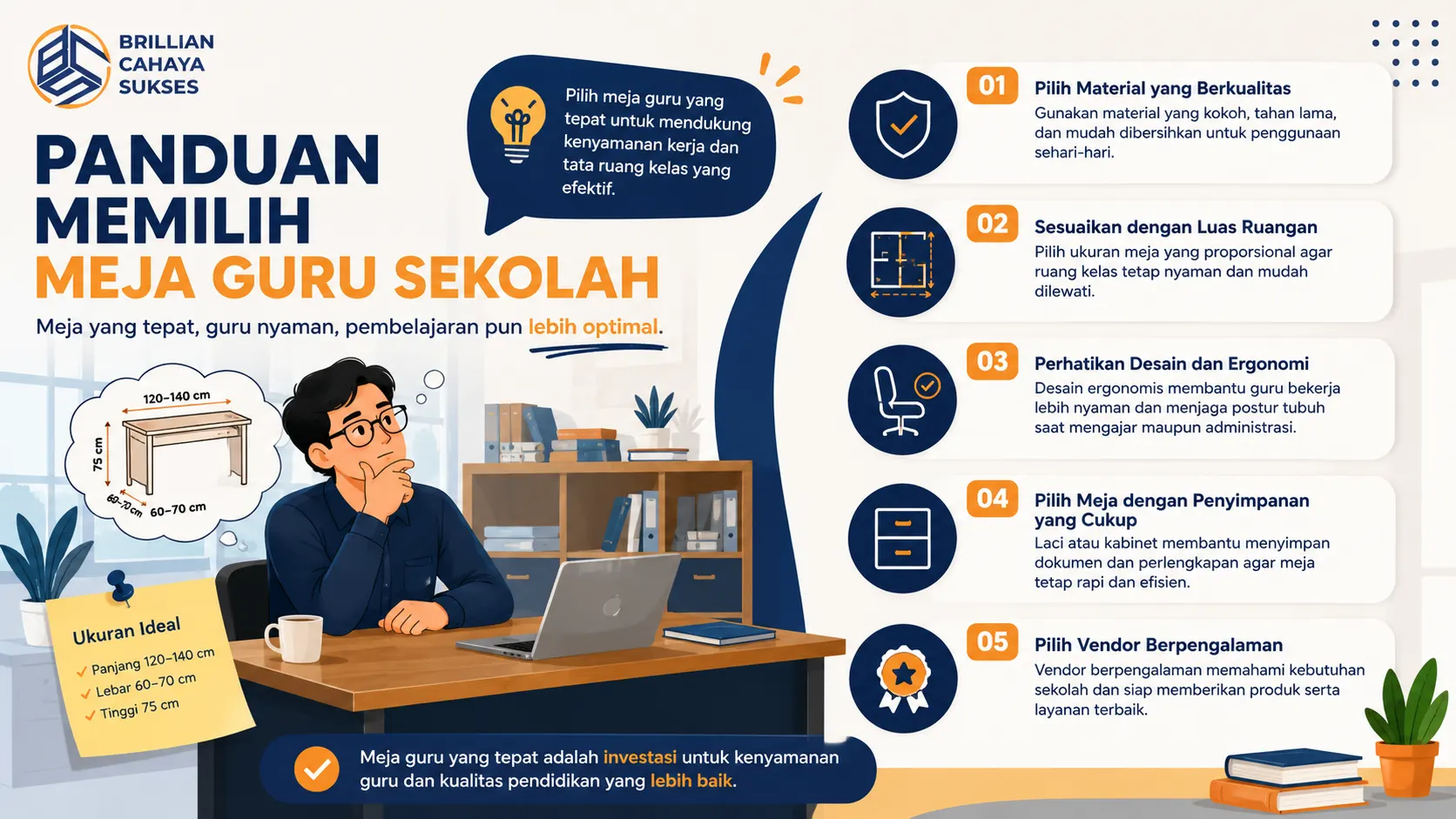 Ilustrasi panduan memilih meja guru sekolah dengan desain ergonomis, ukuran ideal, dan material berkualitas untuk mendukung kenyamanan mengajar.