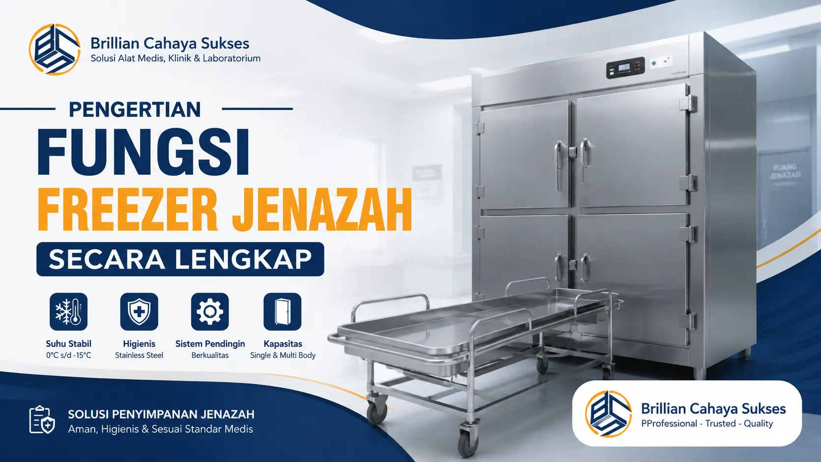 Ilustrasi gambar pengertian fungsi freezer jenazah secara lengkap untuk fasilitas medis oleh Brillian Cahaya Sukses
