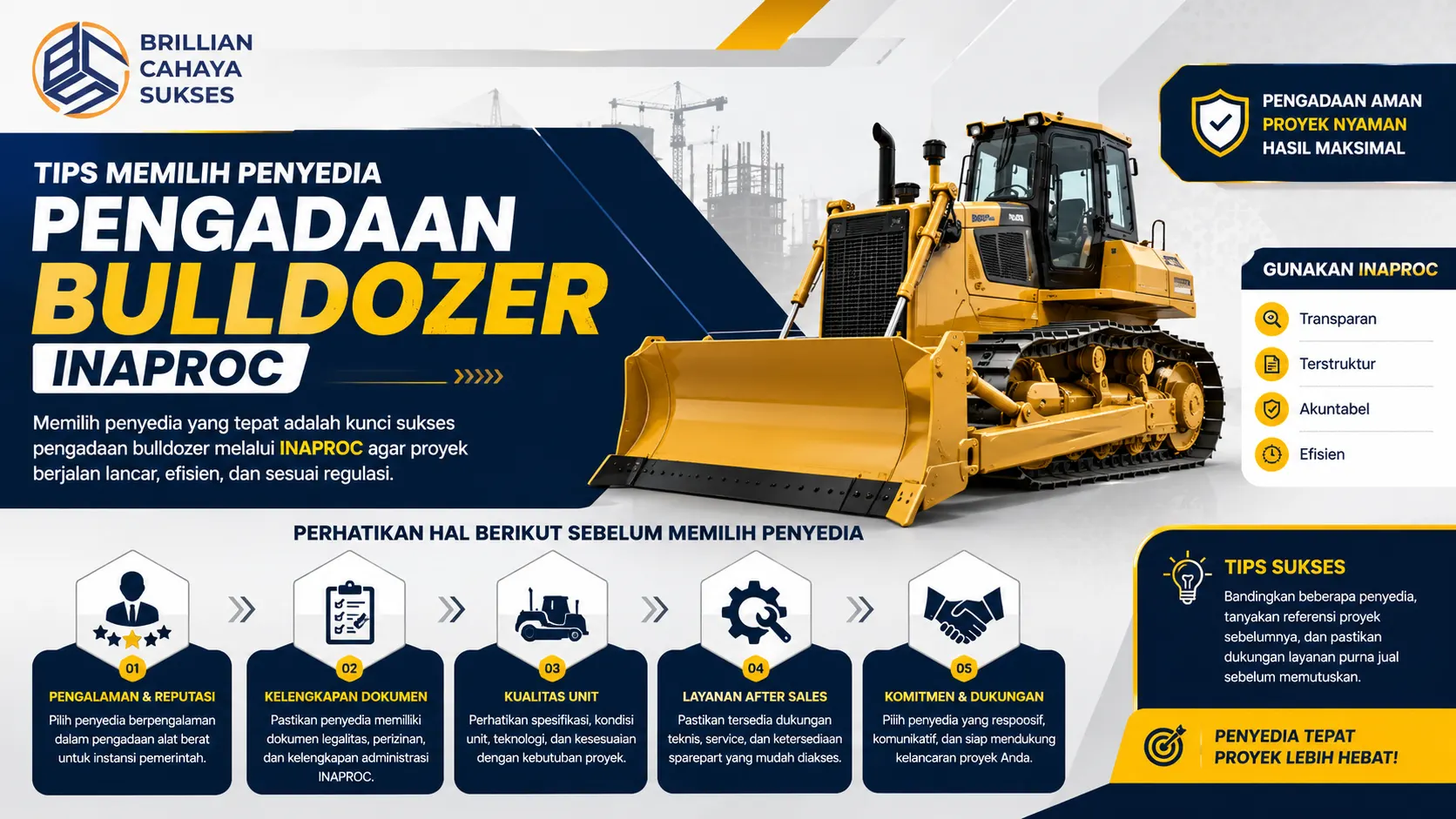 Banner profesional bertema pengadaan bulldozer INAPROC dengan ilustrasi alat berat konstruksi, tips memilih vendor terpercaya, dan logo Brillian Cahaya Sukses.