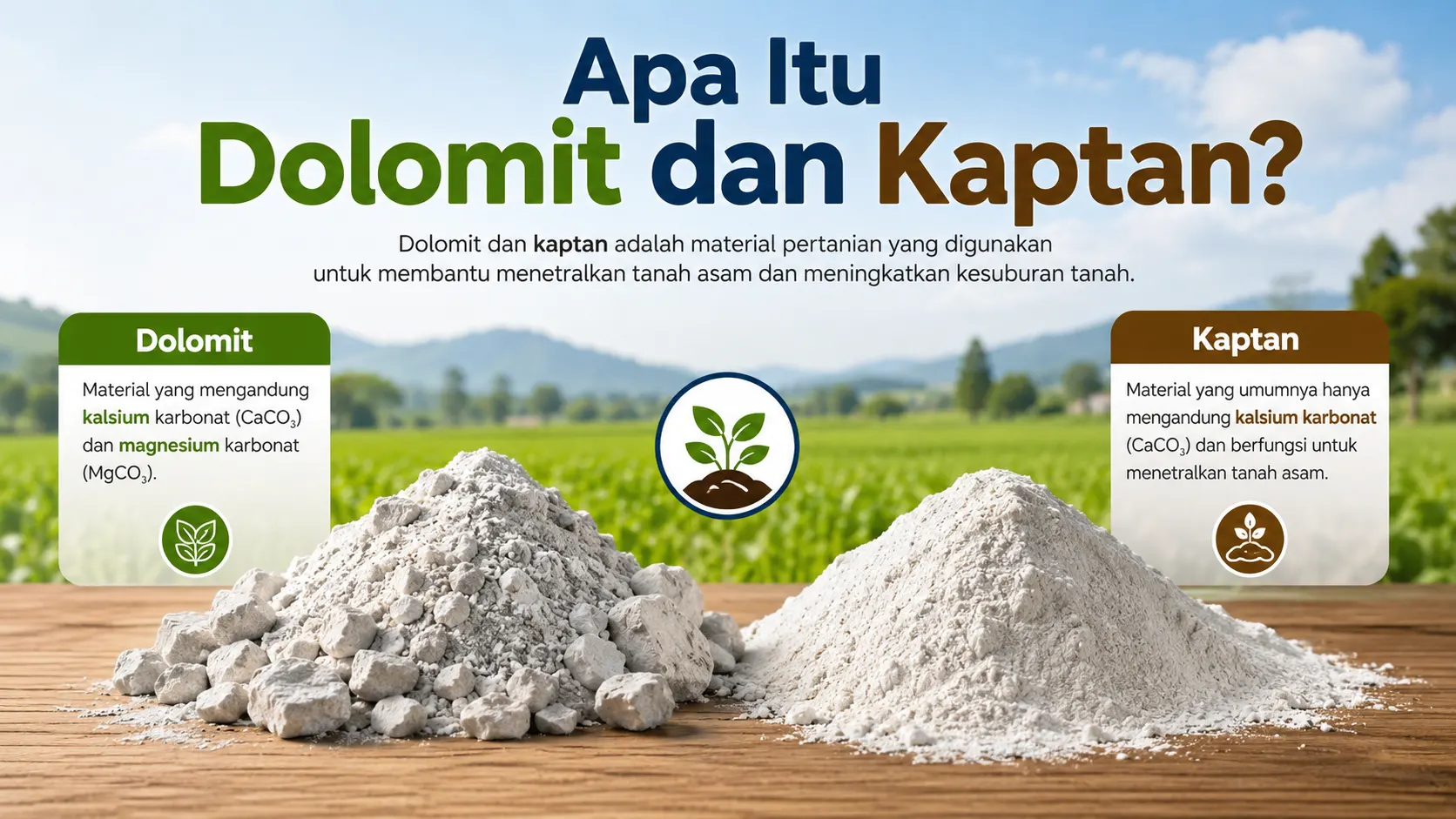 Ilustrasi perbedaan dolomit dengan kaptan berdasarkan kandungan dan fungsinya untuk tanah pertanian