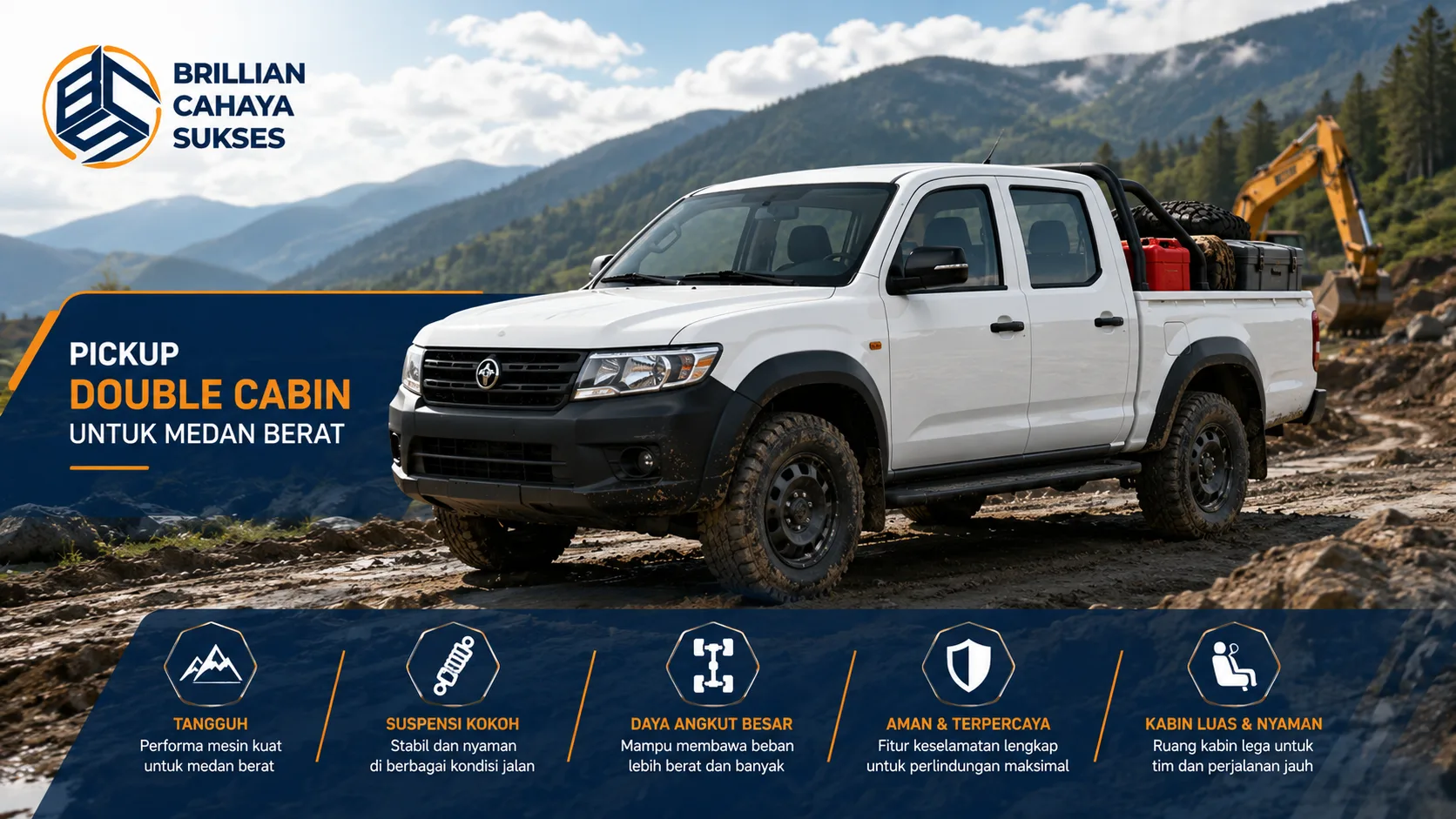 Banner pickup double cab tangguh untuk proyek, perkebunan, dan medan berat.