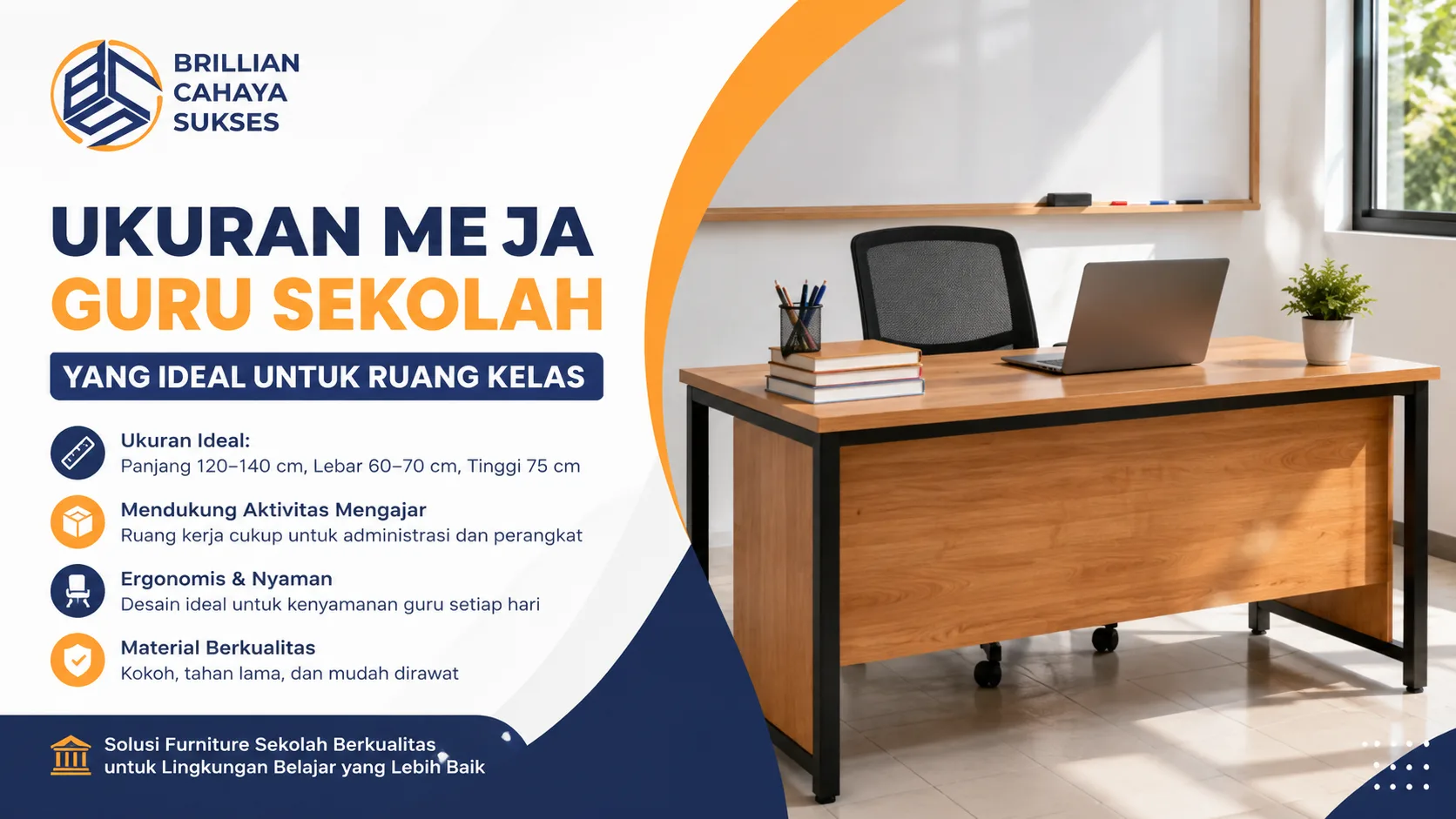 Meja guru modern dengan ukuran meja guru sekolah ideal untuk ruang kelas, dilengkapi desain ergonomis dan material berkualitas untuk mendukung aktivitas mengajar.