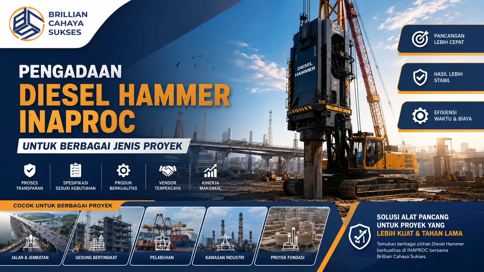 Banner pengadaan diesel hammer Inaproc untuk berbagai jenis proyek konstruksi, menampilkan alat pemancang tiang di area pembangunan infrastruktur.