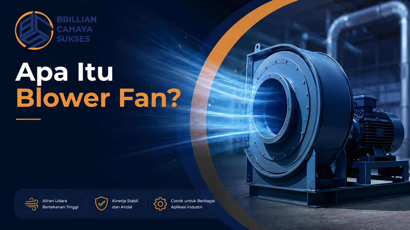Banner ilustrasi blower fan industri bertekanan tinggi.