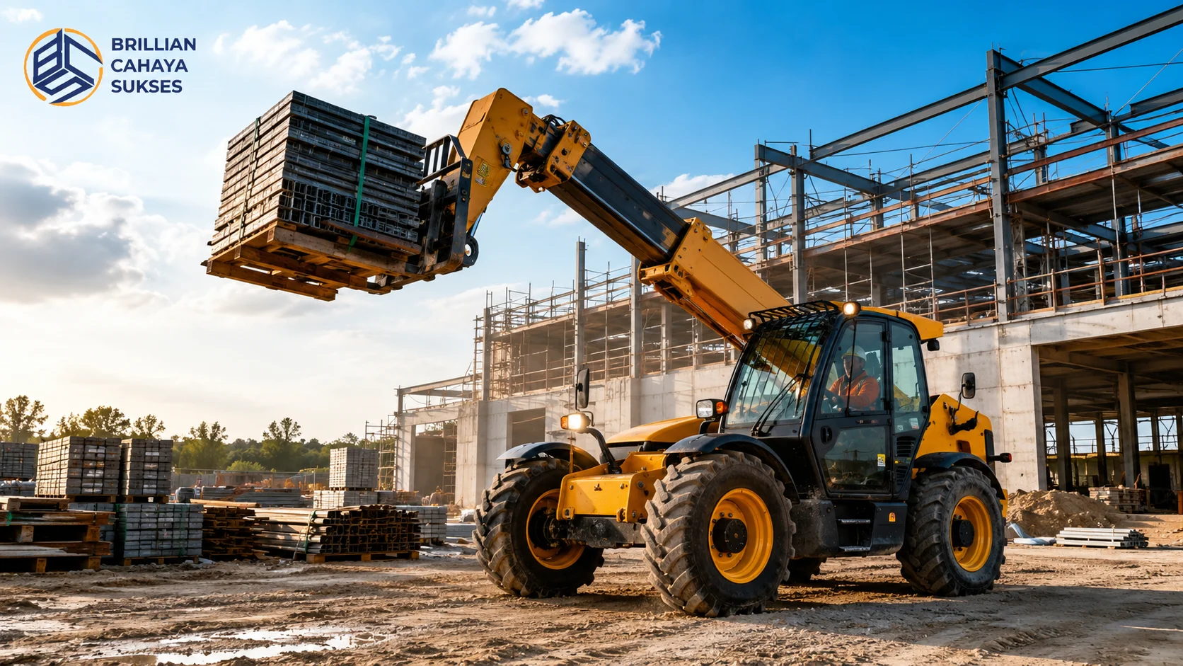 Telehandler dengan boom teleskopik mengangkat material di area proyek konstruksi sebagai solusi pemindahan material yang efisien dan aman.