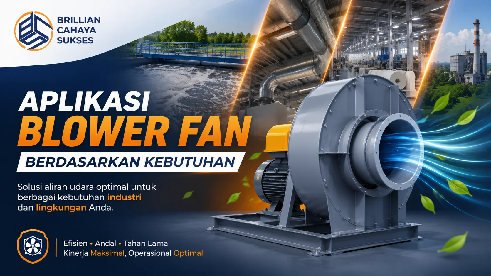 Ilustrasi blower fan industri yang digunakan untuk sistem ventilasi, IPAL, dan kebutuhan manufaktur pada berbagai sektor.