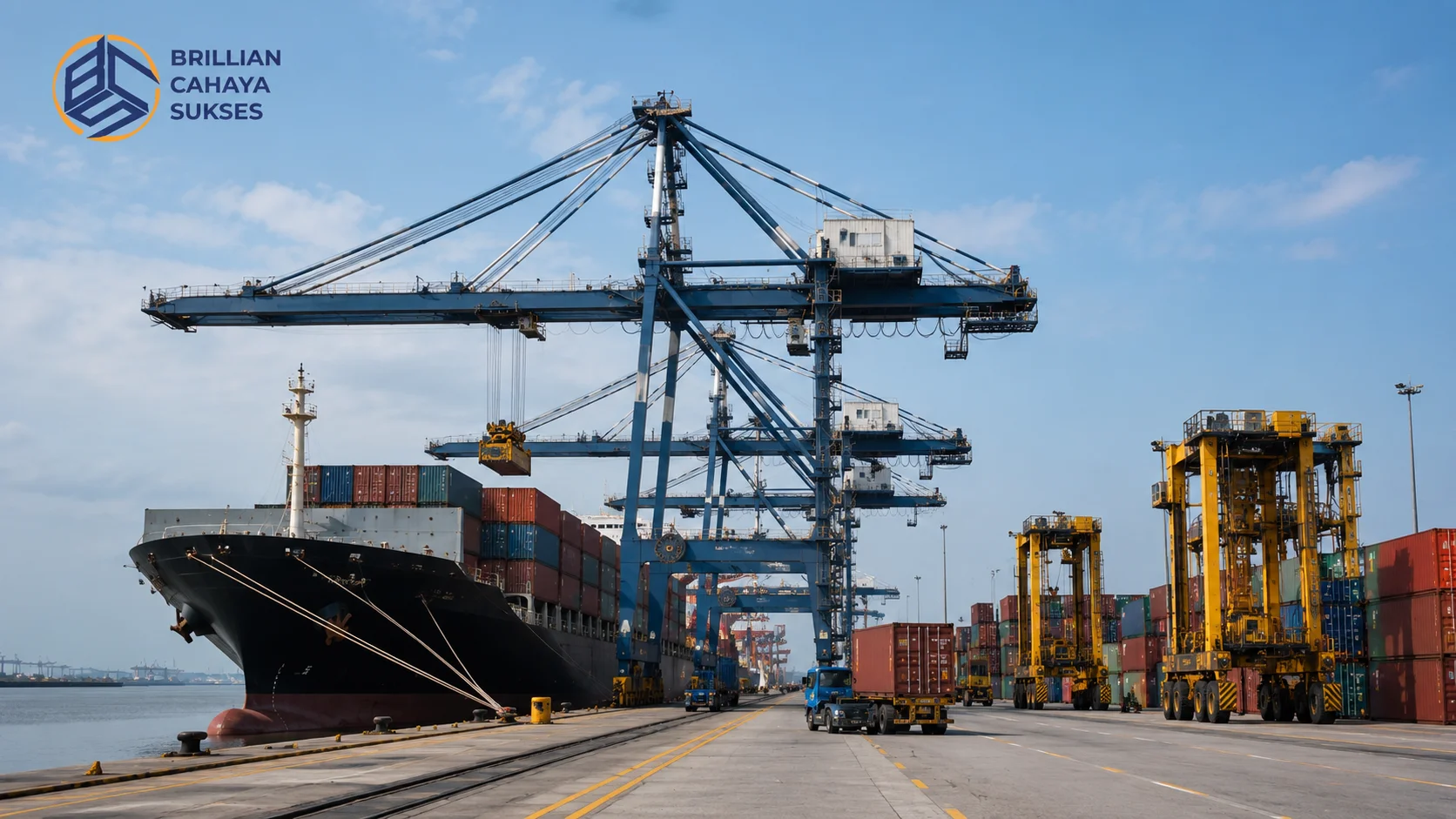 Ilustrasi realistis terminal peti kemas dengan berbagai jenis container crane yang mendukung aktivitas bongkar muat kontainer di pelabuhan modern.