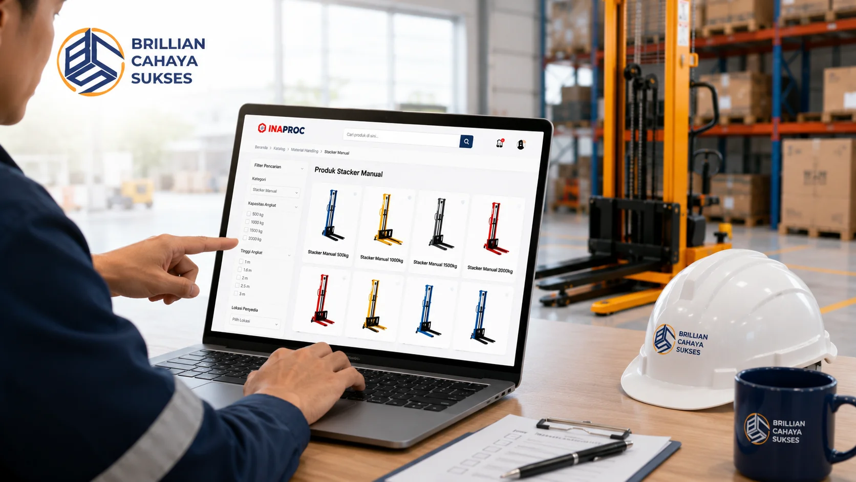 Ilustrasi proses memilih stacker manual yang tepat melalui INAPROC berdasarkan spesifikasi dan kebutuhan operasional.