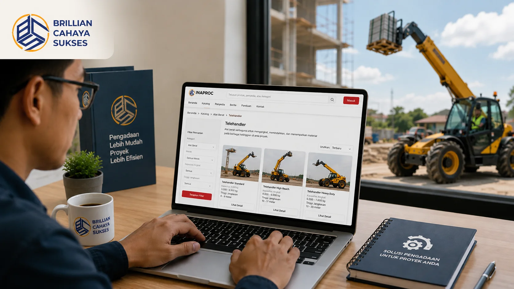 Tampilan pencarian produk telehandler melalui platform pengadaan dengan ilustrasi proyek konstruksi sebagai latar.