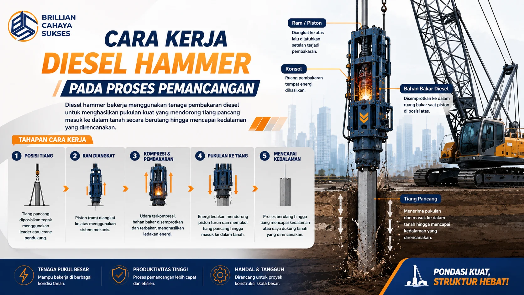 Infografis cara kerja diesel hammer yang menampilkan tahapan pemancangan tiang pondasi mulai dari posisi tiang, proses pembakaran diesel, hingga tiang mencapai kedalaman tanah yang direncanakan.