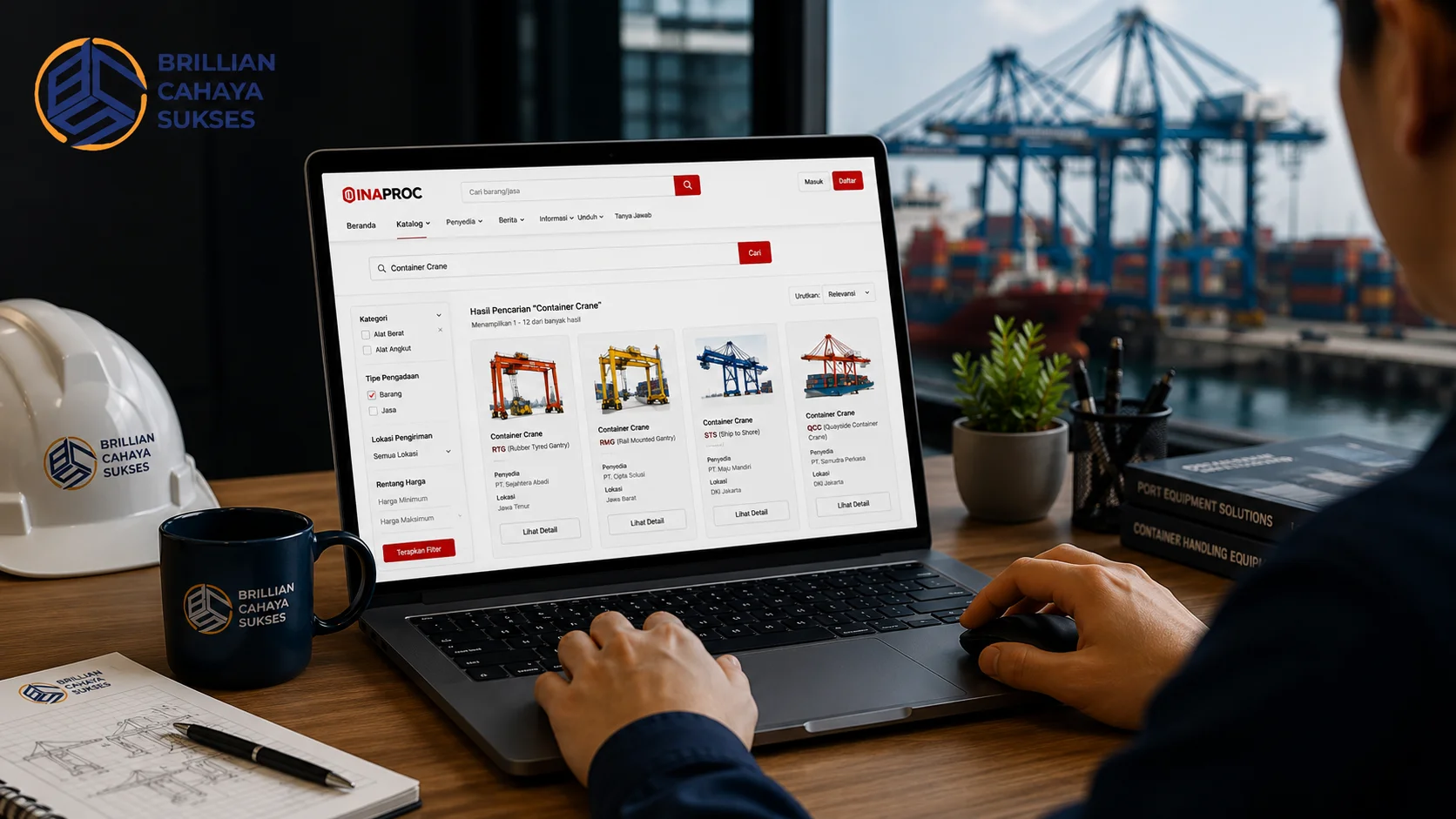 Pengguna menelusuri produk container crane melalui E-Katalog INAPROC menggunakan laptop dengan latar aktivitas pelabuhan dan logo Brillian Cahaya Sukses.