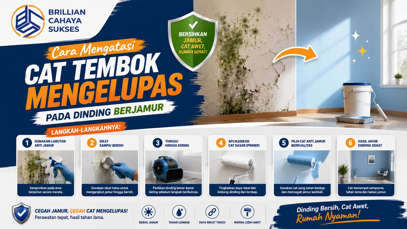 Infografis langkah mengatasi cat tembok mengelupas pada dinding berjamur, mulai dari membersihkan jamur, mengeringkan permukaan, hingga mengecat ulang dengan cat anti jamur untuk hasil yang lebih awet.