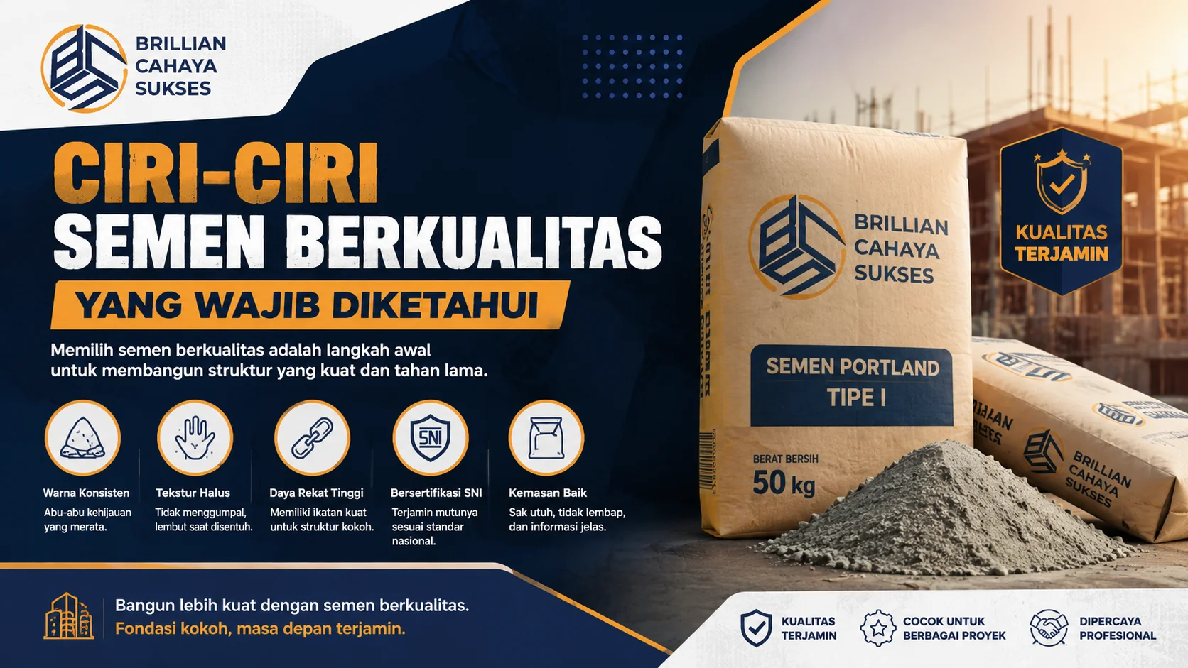 Banner edukasi tentang ciri-ciri semen berkualitas dengan ilustrasi sak semen Brillian Cahaya Sukses, ikon sertifikasi SNI, tekstur halus, daya rekat tinggi, dan latar proyek konstruksi modern.