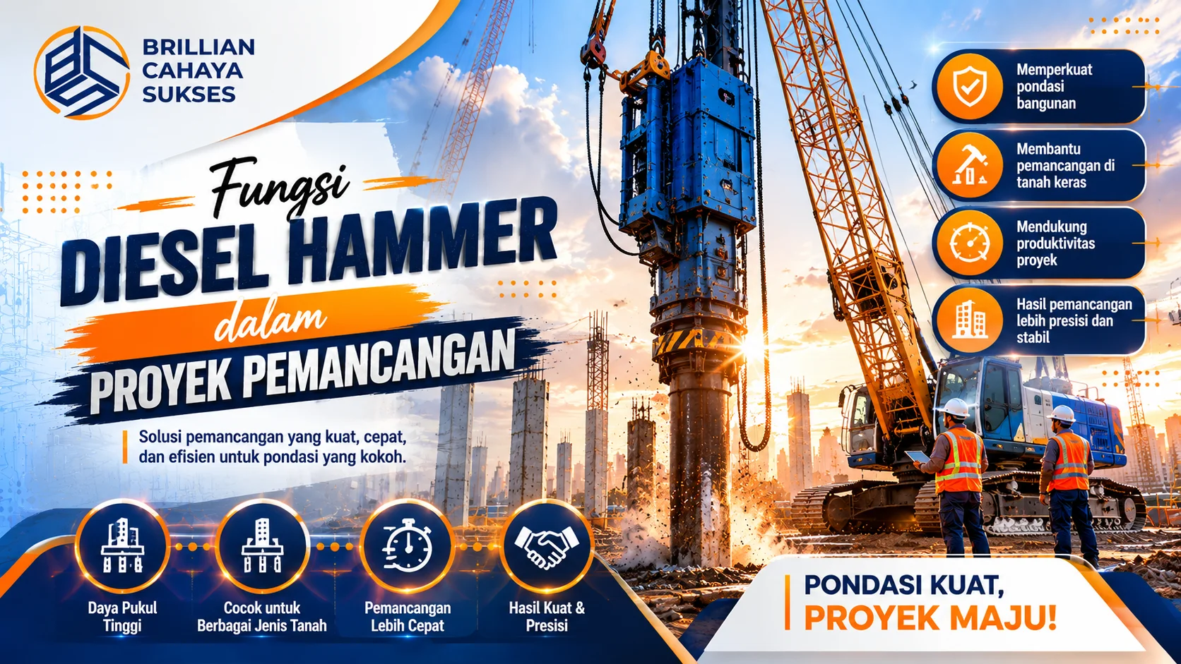 Banner diesel hammer yang digunakan untuk pemancangan tiang pancang pada proyek konstruksi, menampilkan alat berat, pekerja lapangan, dan ilustrasi fungsi utama diesel hammer dalam memperkuat pondasi bangunan.