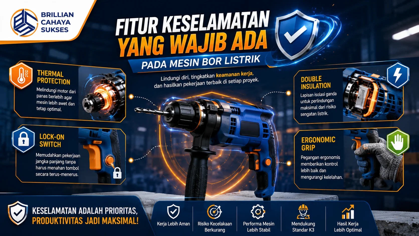 Banner ilustrasi fitur keselamatan mesin bor listrik yang menampilkan Thermal Protection, Lock-On Switch, Double Insulation, dan Ergonomic Grip, dilengkapi visual mesin bor modern, ikon pelindung.