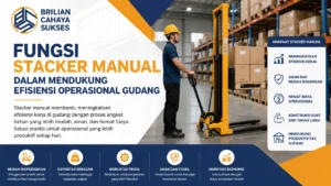 Infografis dari Brilian Cahaya Sukses berjudul "Fungsi Stacker Manual Dalam Mendukung Efisiensi Operasional Gudang". Gambar menampilkan seorang pekerja berhelm kuning sedang mengoperasikan alat stacker manual berwarna kuning di dalam gudang. Terdapat daftar manfaat seperti meningkatkan efisiensi, aman digunakan, hemat biaya, konstruksi kuat, serta poin keunggulan produk di bagian bawah.