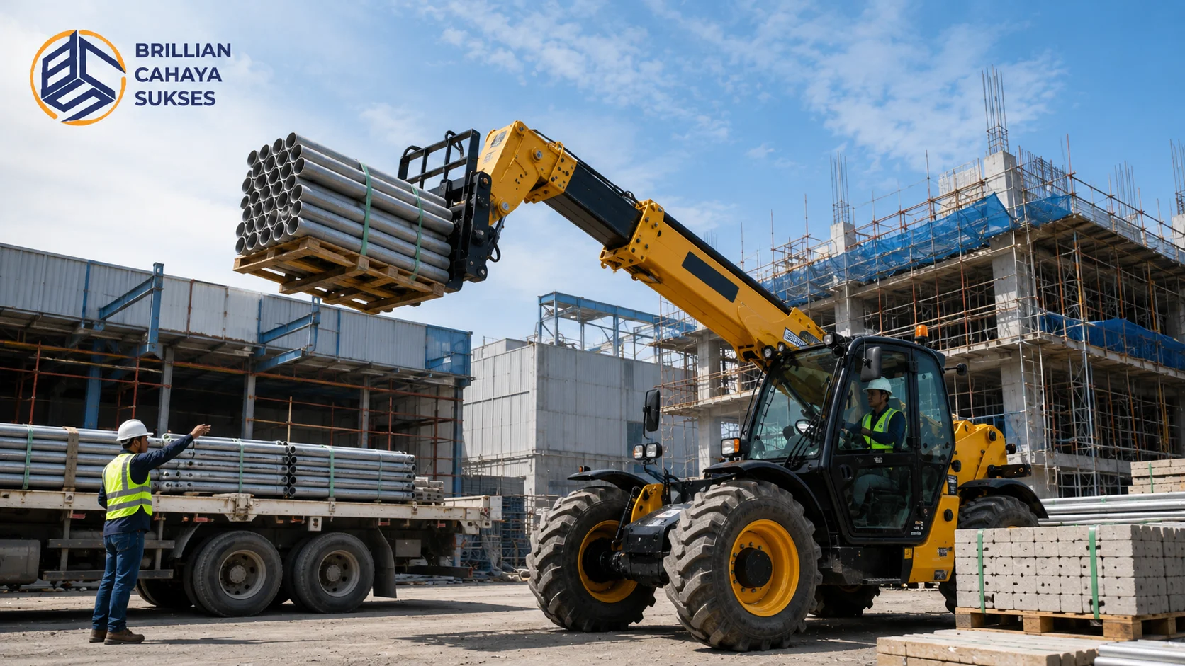 Telehandler memindahkan material konstruksi di area proyek untuk mendukung proses pengangkatan dan penempatan beban secara efisien.