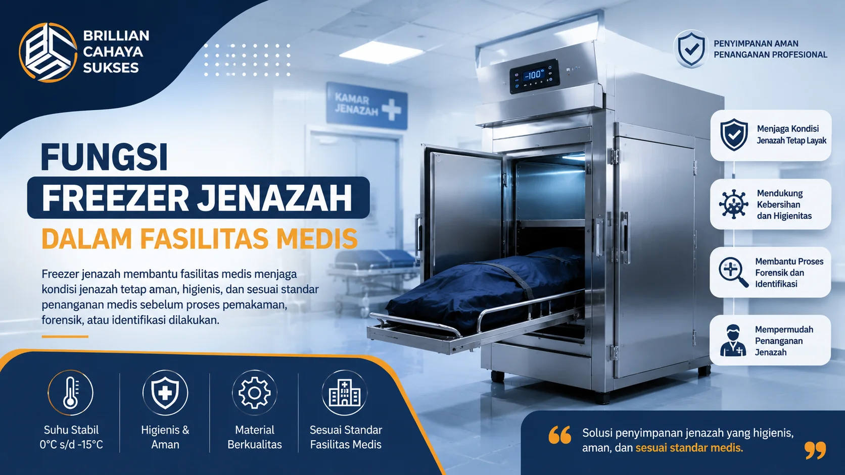 Ilustrasi freezer jenazah medis di fasilitas rumah sakit dengan sistem pendingin modern yang berfungsi menjaga kondisi jenazah tetap aman, higienis, dan sesuai standar penanganan medis.