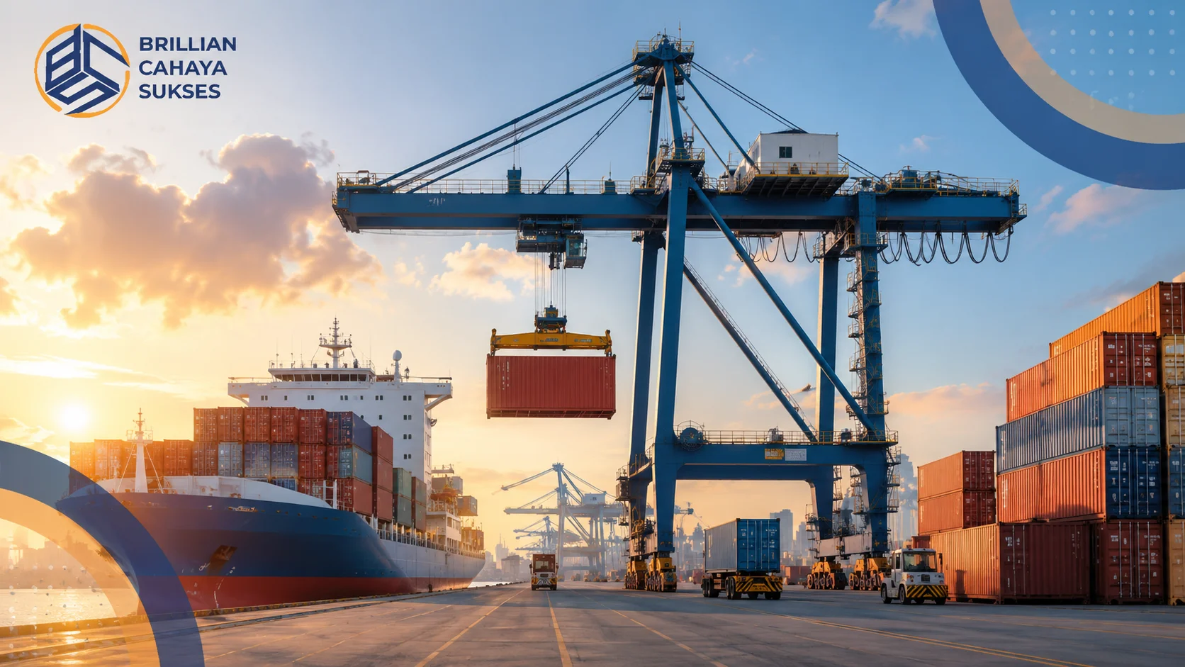 Container crane mengangkat peti kemas di area pelabuhan modern sebagai ilustrasi proses bongkar muat kontainer yang efisien.