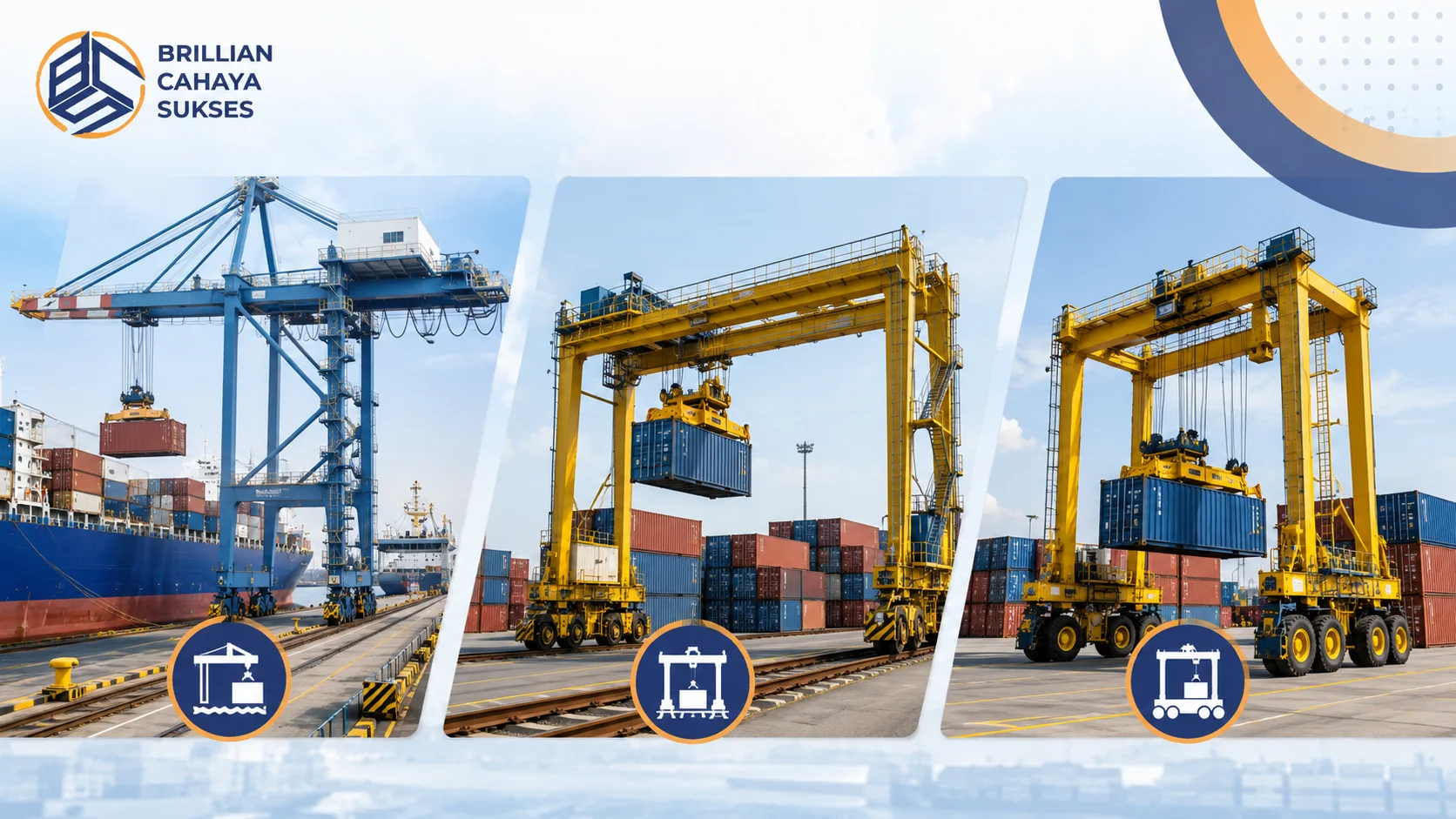 Ilustrasi berbagai jenis container crane yang digunakan di pelabuhan modern untuk mendukung proses bongkar muat peti kemas secara efisien.