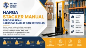 Infografis dari Brilian Cahaya Sukses berjudul "Harga Stacker Manual Berdasarkan Kapasitas Angkat dan Spesifikasi" dengan foto alat stacker manual berwarna kuning-hitam di dalam gudang. Menampilkan informasi kapasitas angkat umum mulai dari 500 kg hingga 2000 kg, serta faktor penentu harga seperti kapasitas, tinggi angkat, spesifikasi, dan kualitas material.