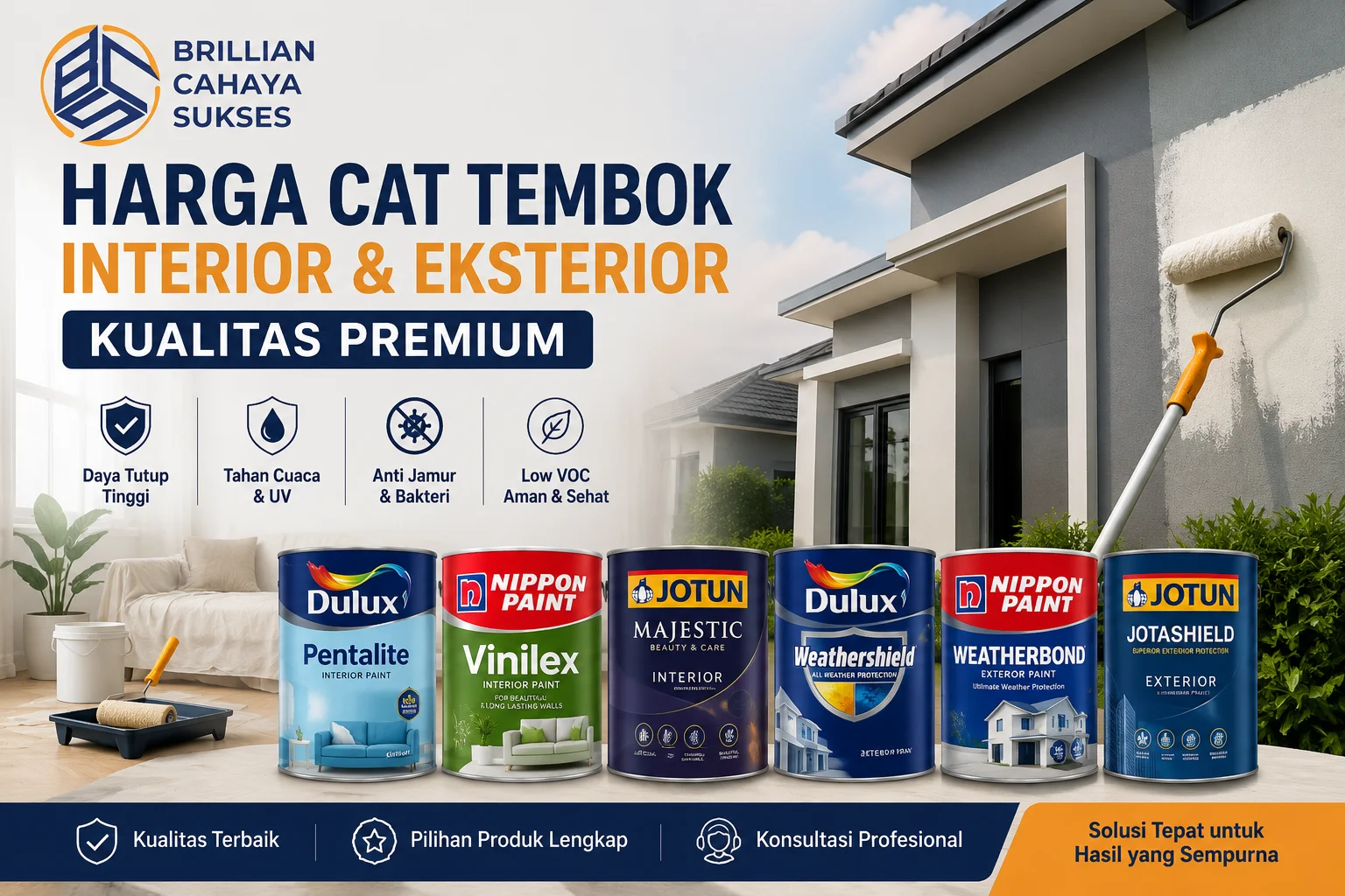 Banner harga cat tembok interior dan eksterior kualitas premium, menampilkan berbagai pilihan cat berkualitas untuk kebutuhan rumah dan proyek konstruksi.