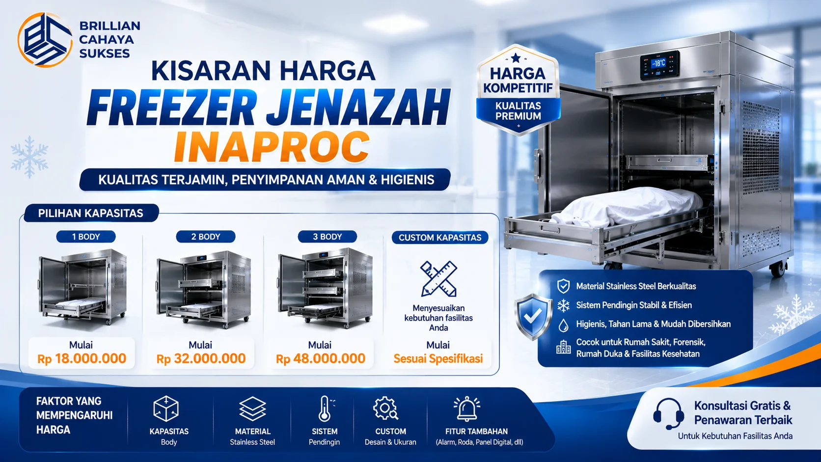 Banner kisaran harga freezer jenazah Inaproc dengan pilihan kapasitas, material stainless steel, dan sistem pendingin berkualitas.