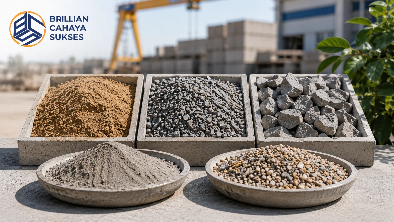 Beragam jenis agregat beton seperti pasir, batu split, kerikil, dan material halus tersusun dalam wadah uji di area konstruksi untuk menunjukkan perbedaan karakteristik agregat pada campuran beton.