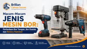 Ilustrasi gambar macam-macam jenis mesin bor meliputi bor tangan, bor duduk, dan rotary hammer untuk kebutuhan konstruksi dan infrastruktur