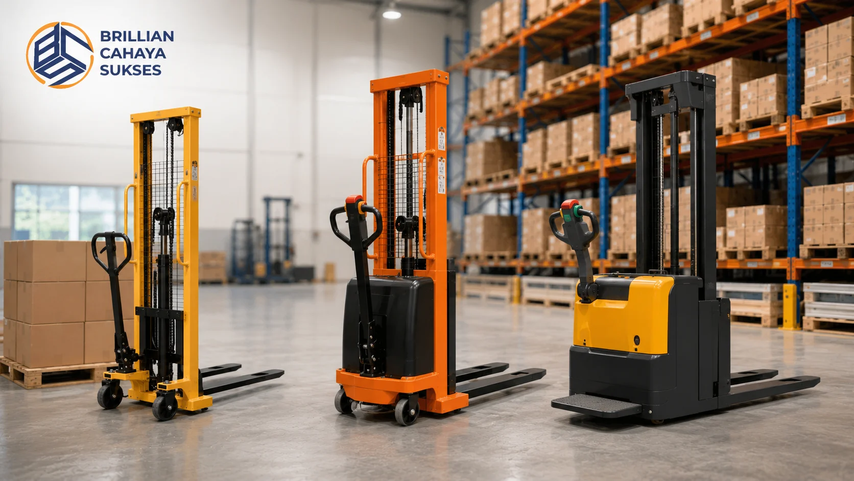 Perbandingan beberapa jenis stacker untuk kebutuhan gudang, mulai dari manual stacker hingga electric stacker.