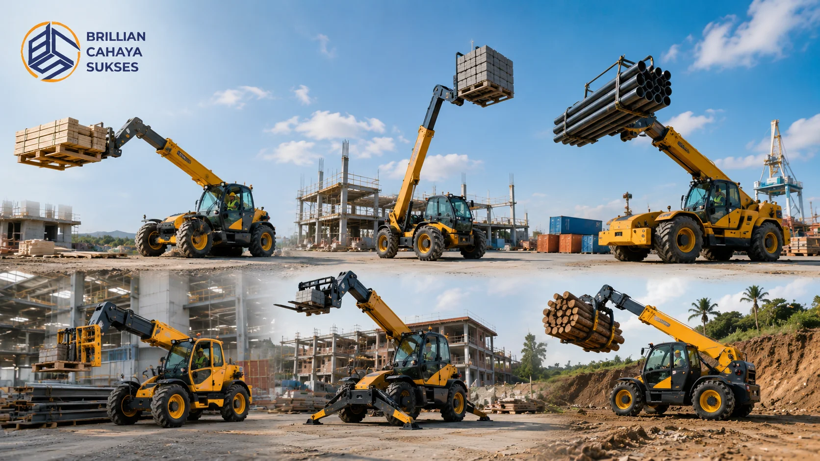 Beragam jenis telehandler digunakan untuk mendukung pengangkatan material pada berbagai kebutuhan proyek konstruksi dan industri.