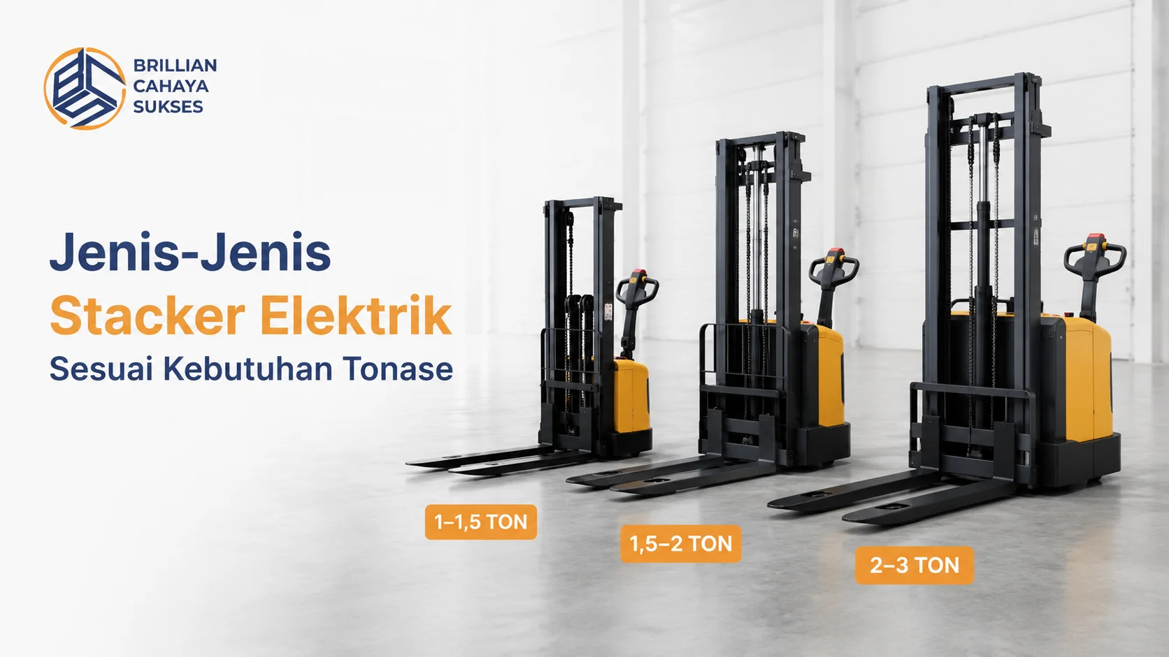 Ilustrasi berbagai jenis stacker elektrik berdasarkan kapasitas angkat dan tonase.