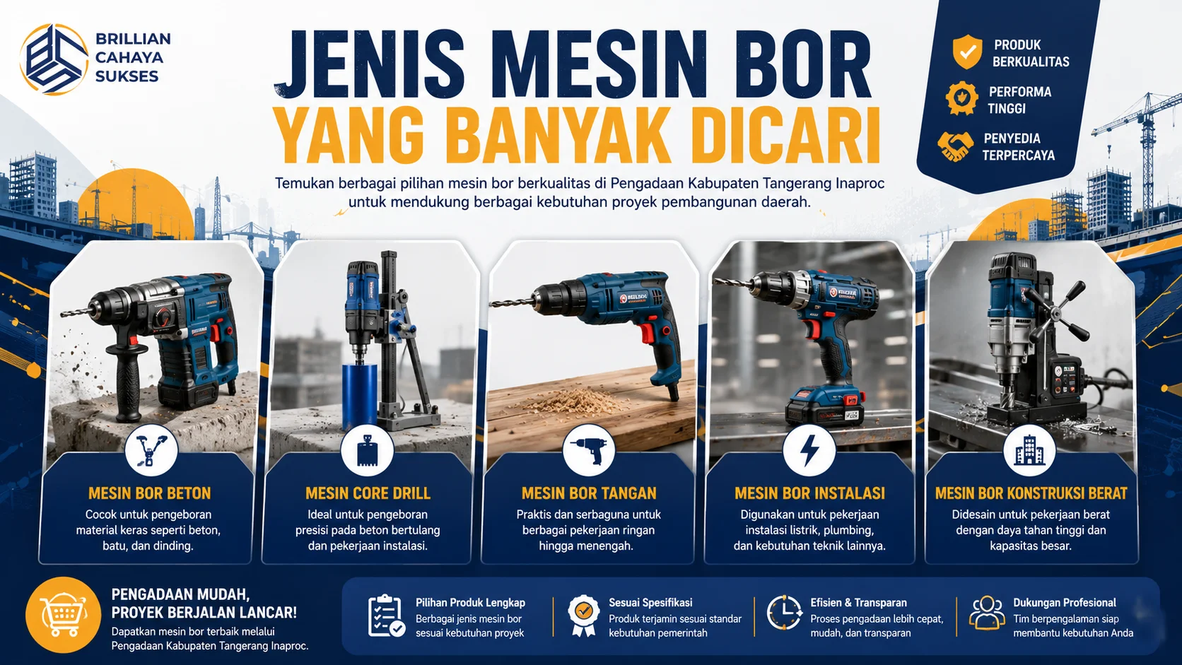 Banner yang menampilkan berbagai jenis mesin bor untuk kebutuhan konstruksi, instalasi, dan proyek pembangunan daerah.