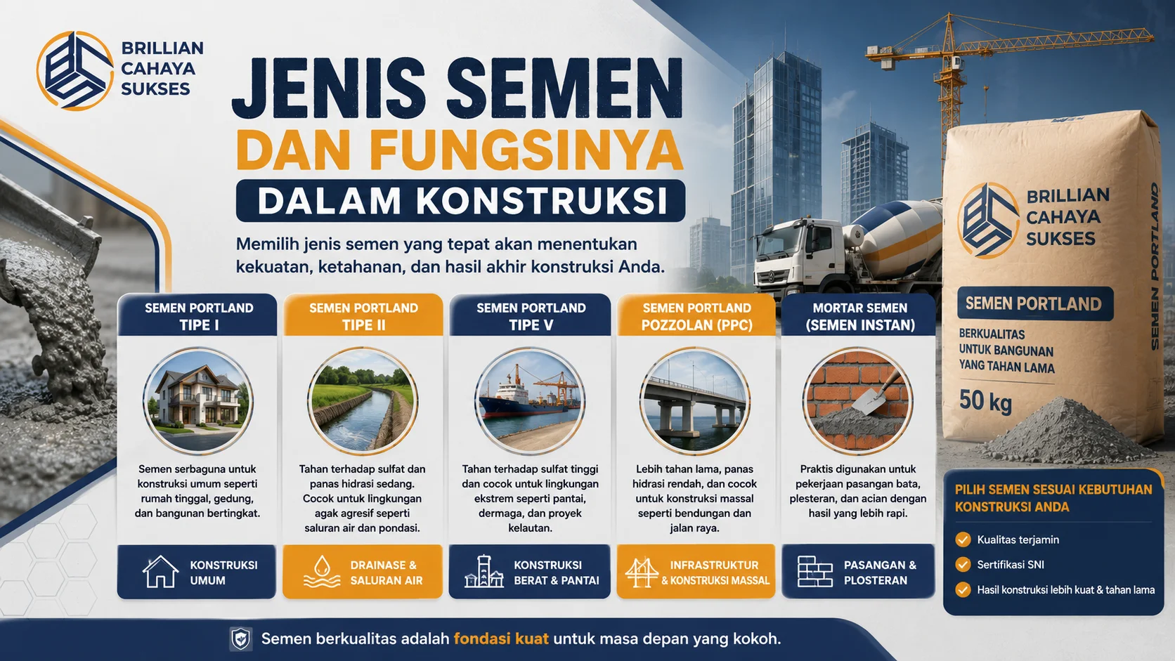 Banner edukatif yang menampilkan berbagai jenis semen untuk konstruksi, lengkap dengan ilustrasi proyek bangunan, infrastruktur, dan kemasan semen.
