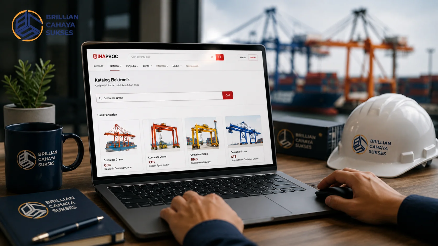 Petugas mengakses E-Katalog INAPROC melalui laptop untuk mencari produk container crane dengan latar belakang area pelabuhan dan aktivitas bongkar muat.