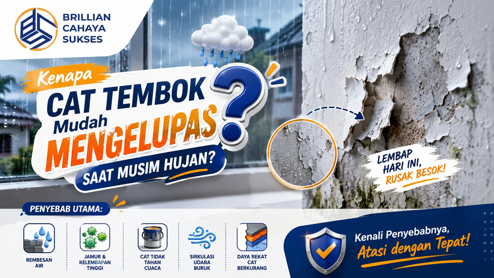 Ilustrasi Dinding rumah yang catnya mengelupas dan berjamur akibat kelembapan tinggi saat musim hujan, dilengkapi ilustrasi penyebab kerusakan cat tembok.